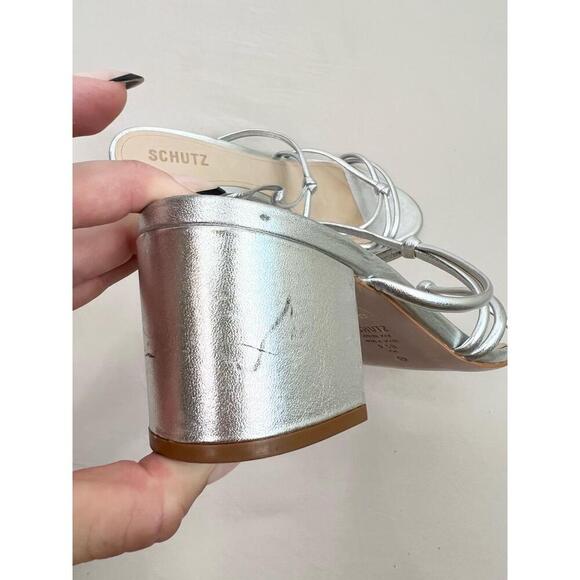 Schutz Silver Strappy Design Block Heel Open Toe Sandal Leather Womens Size 8.5B - Picture 4 of 13